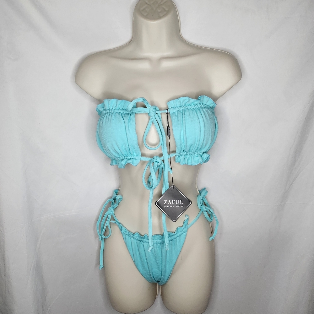 New Womens Zaful Textured Ruffle Strapless Tie Front Bandeau Bikini Celeste L